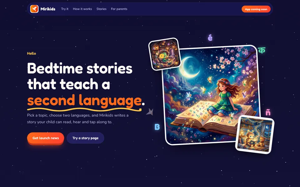 Mirikids website: bedtime stories that teach a second language