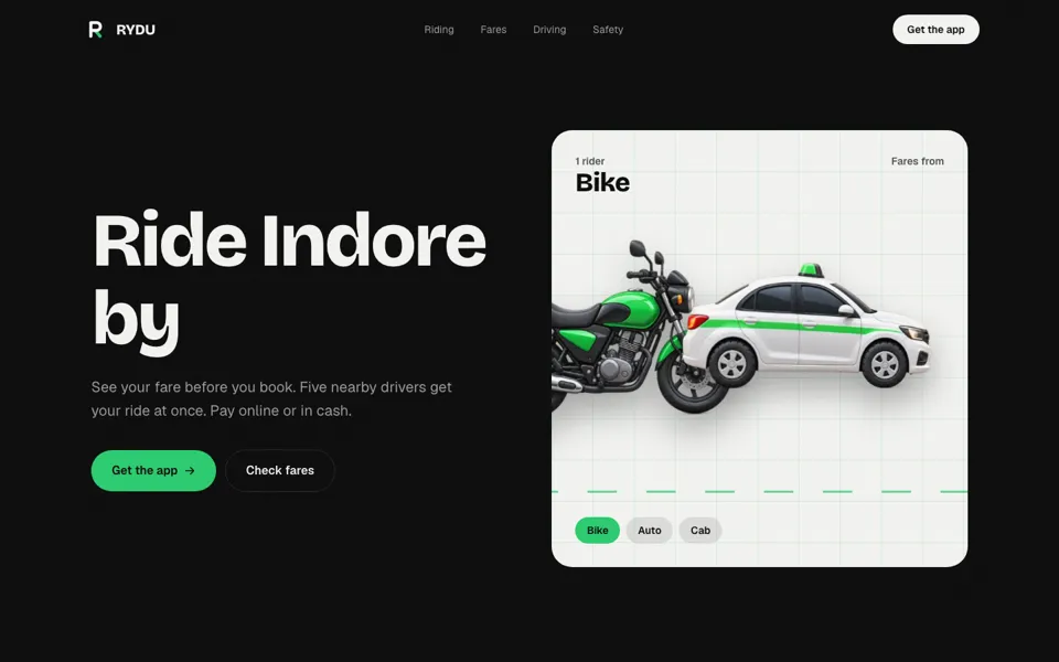 RYDU website: bike, auto and cab rides in Indore