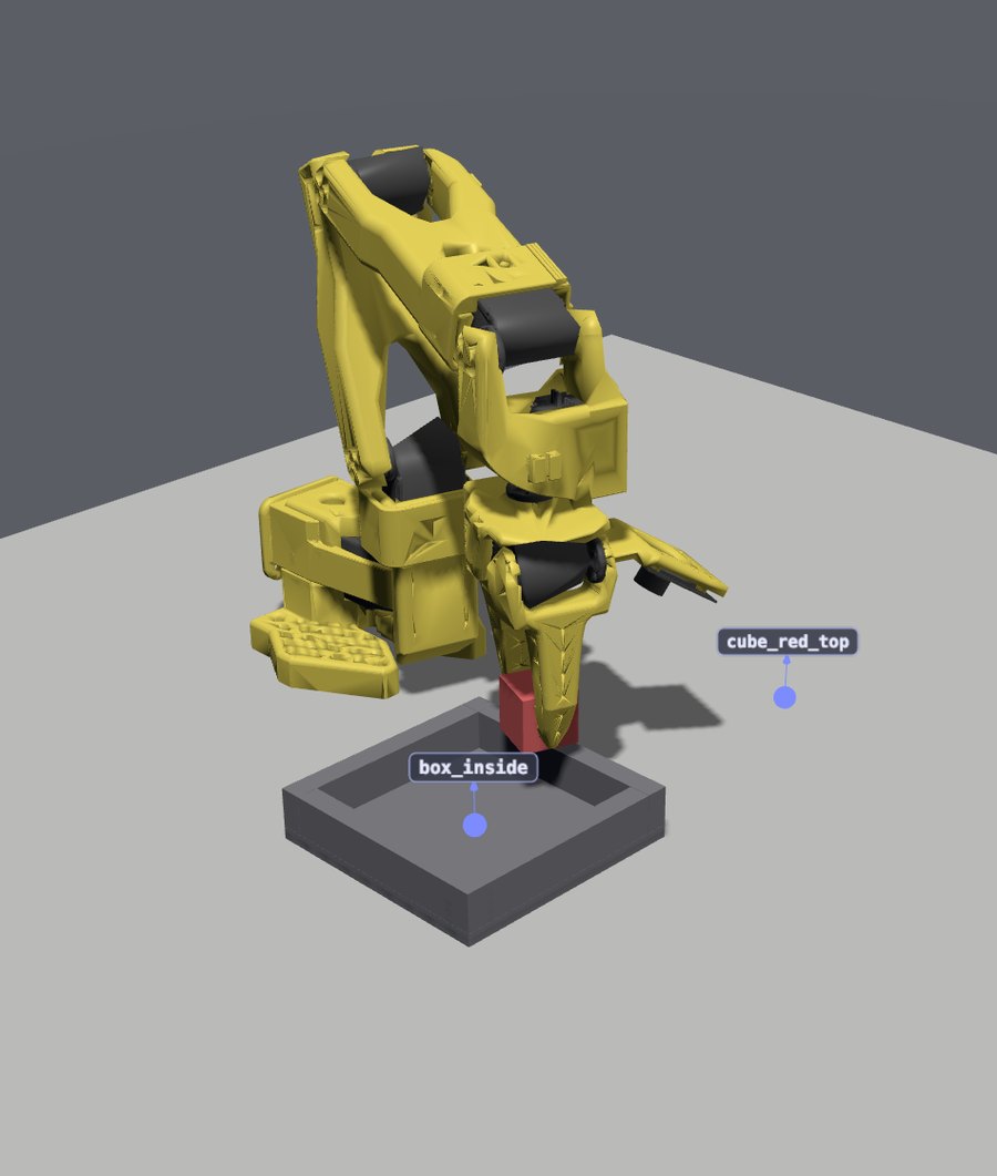 A yellow SO-ARM101 hobby arm lowering a red cube into a box in the simulator
